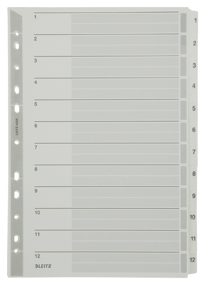 LEITZ Intercalaires en carton mylar, chiffres, A4, 1-12,gris