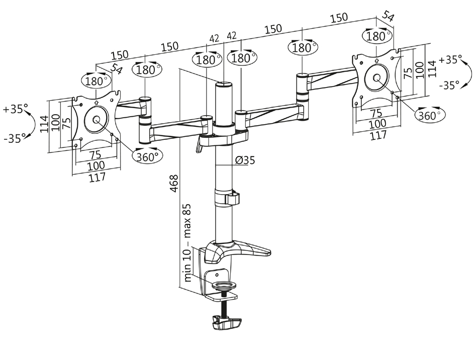Bras support pour écran, 2 écrans, en aluminium - dimensions