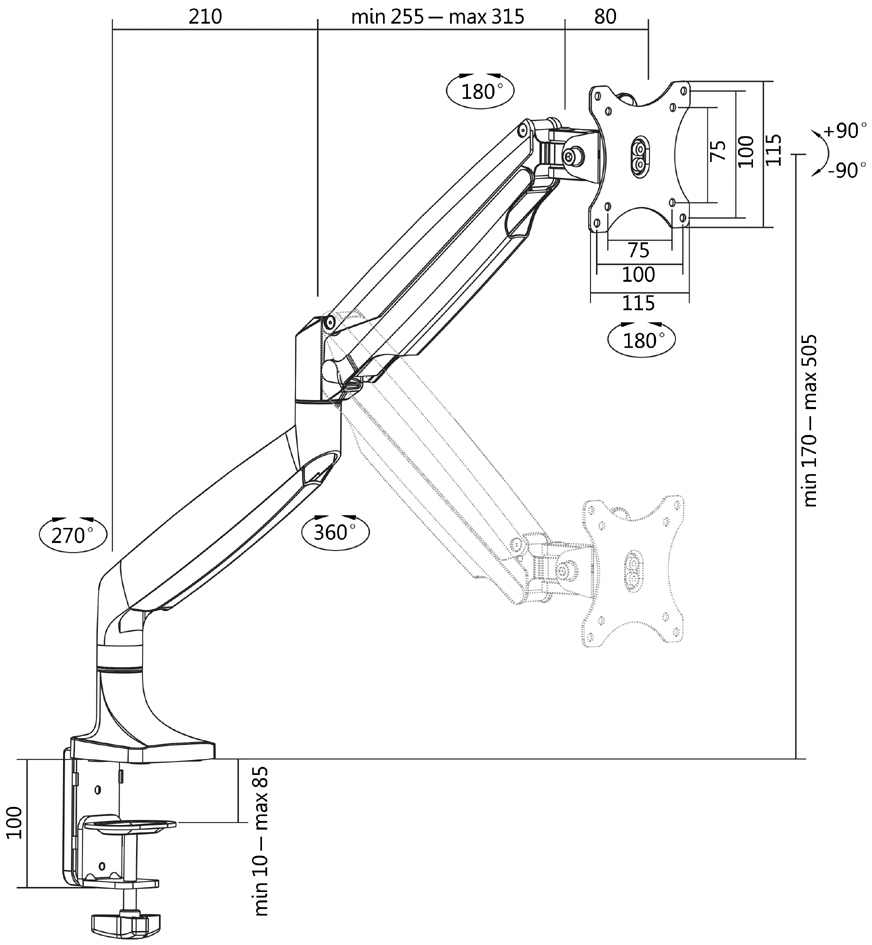 Bras support pour écran, en aluminium  - dimensions