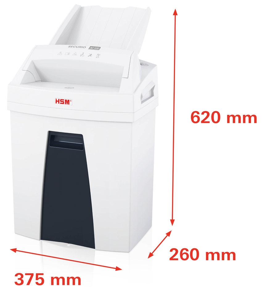 HSM Destructeur de documents Auto-Feed SECURIO AF100 particules 4 x 25 8 feuilles P-4 / T-4 / E-3 / F-1 25 litres blanc fiche Euro