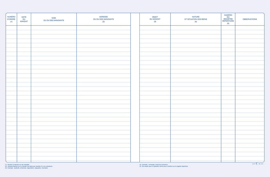 Registre des Mandats - Transactions sur Immeubles et Fonds de Commerce, grille