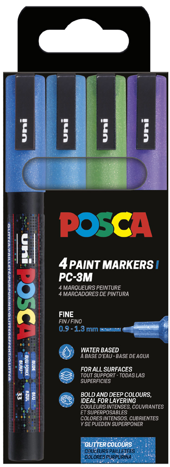 Marqueur à pigment POSCA PC3ML pailleté, étui de 4, couleurs froides