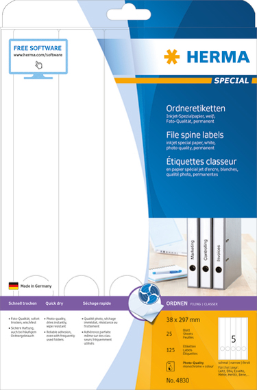 HERMA Etiquette dos de classeur SPECIAL, 38 x 297 mm, blanc
