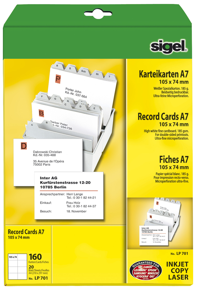 sigel Fiches bristol, A7 (A4), 185 g/m2, microperforation