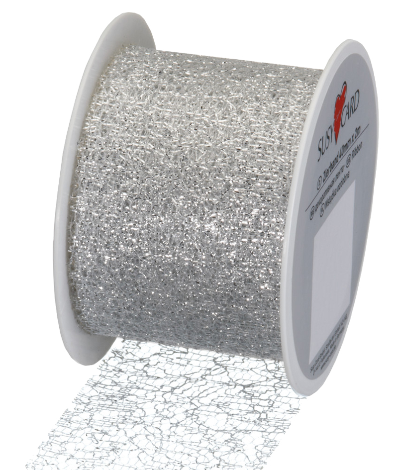 SUSY CARD Ruban cadeau, sur bobine 'Lace metallic', argent