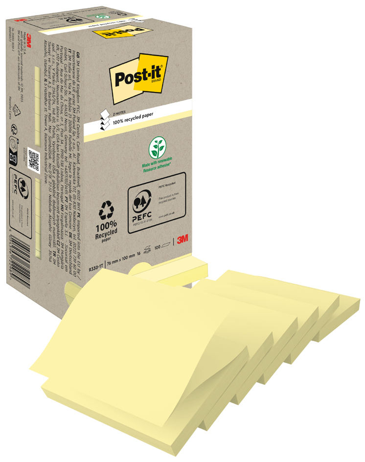 Bloc-notes adhésif Recycling z-notes, jaune (16 pièces)