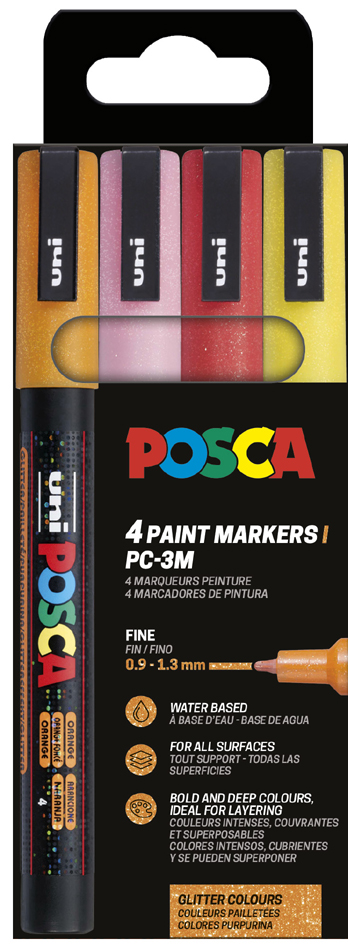 POSCA Marqueur à pigment PC3ML pailleté, étui de 4, assorti