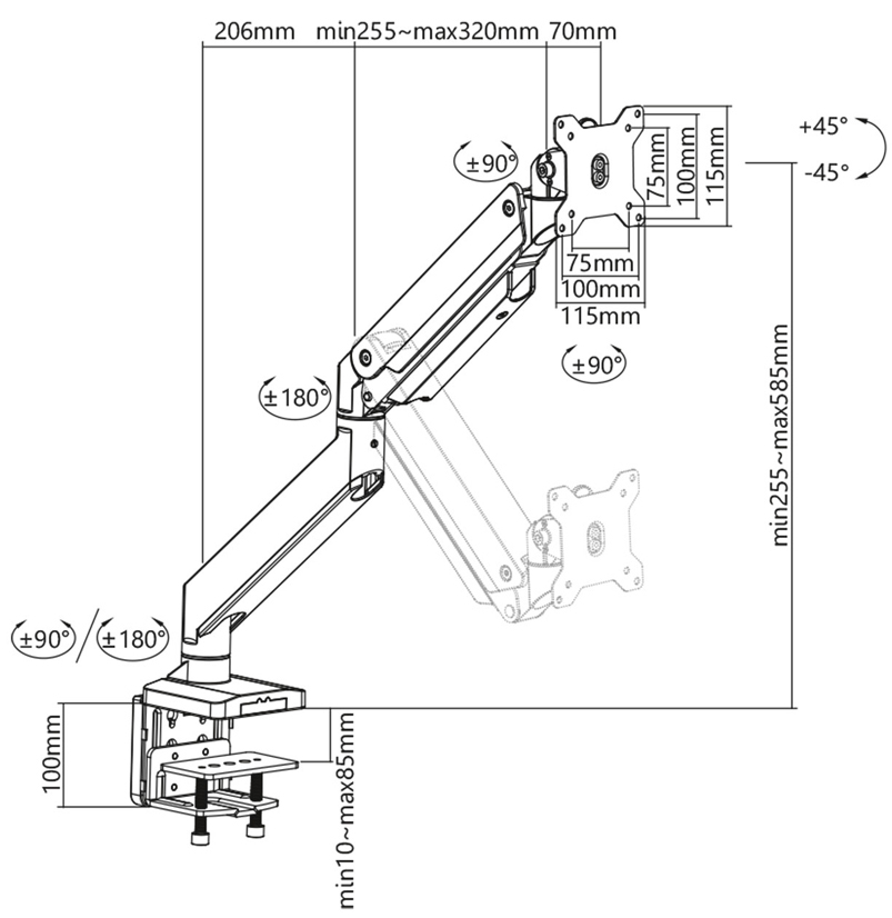 DIGITUS Support double écran universel, fixation par serrage jusqu'à 35' (88,9 cm) 15 kg noir mat