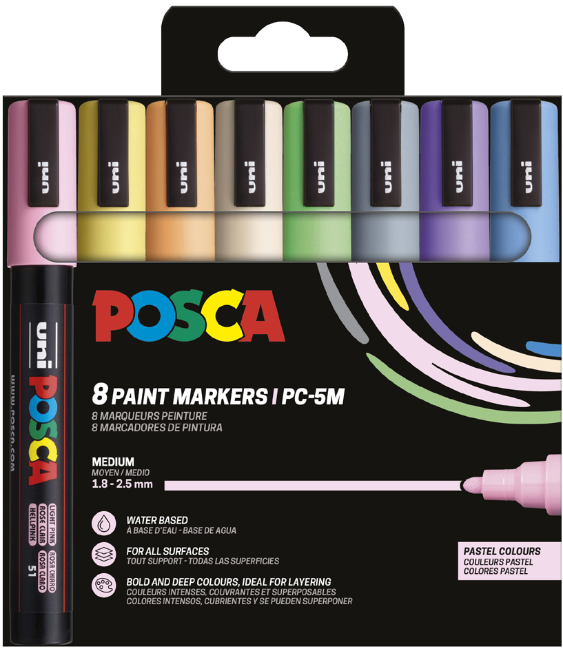 POSCA Marqueur à pigment PC5M, étui de 8, couleurs pastel