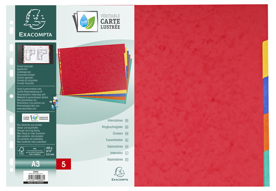EXACOMPTA Intercalaires en carton, uni A3 paysage, 5 touches