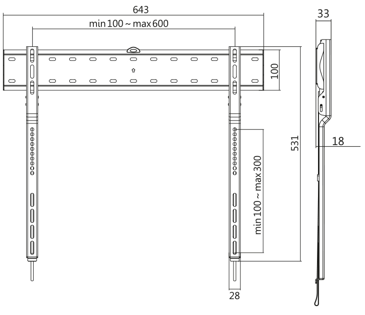Support mural pour TV, plat - dimensions