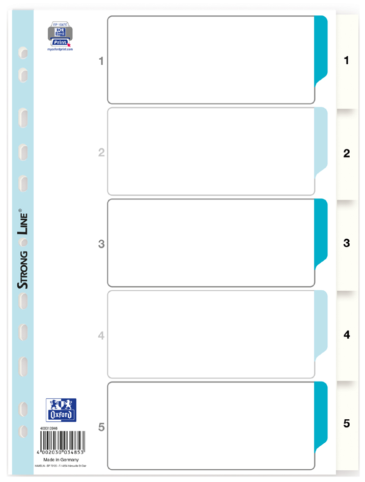 Oxford Intercalaires en plastique, chiffres, A4, 5 touches