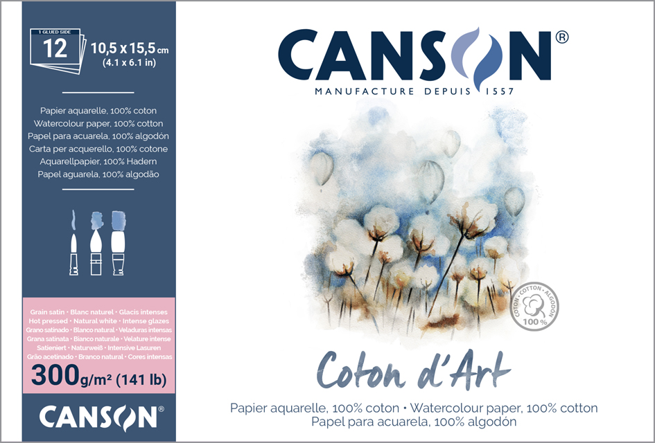 Bloc de papier aquarelle "Coton d'Art", 105 x 155 mm, grain satin