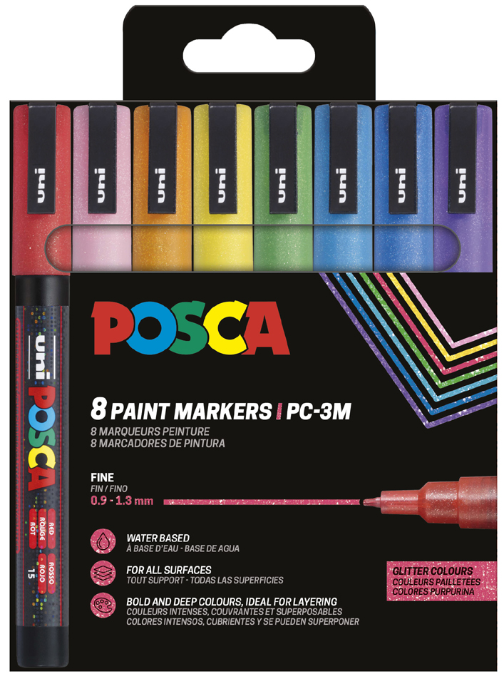 POSCA Marqueur à pigment PC3ML pailleté, étui de 8, assorti