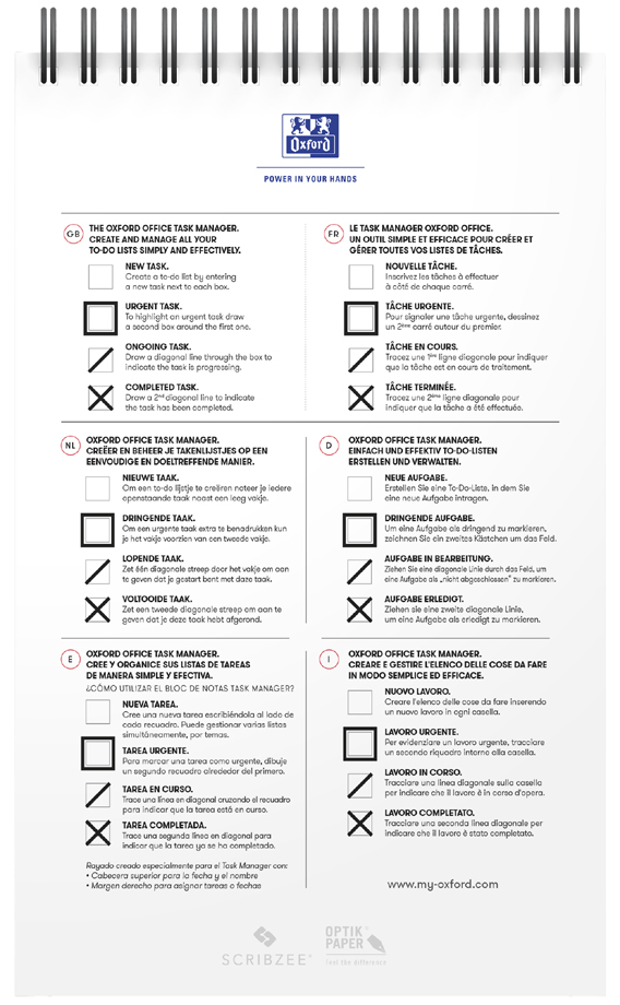 Oxford Bloc-notes à spirale Office 'Task Manager', 125x200mm ligné 125 x 200 mm 90 g/m2 70 feuilles assorti
