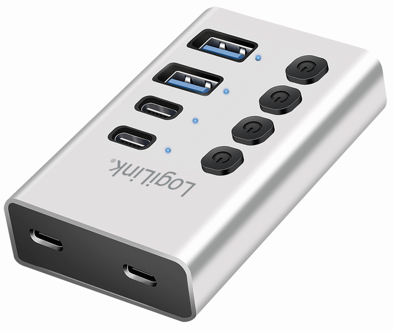 LogiLink Hub USB 3.2, 4 ports, interrupteurs on/off, argent