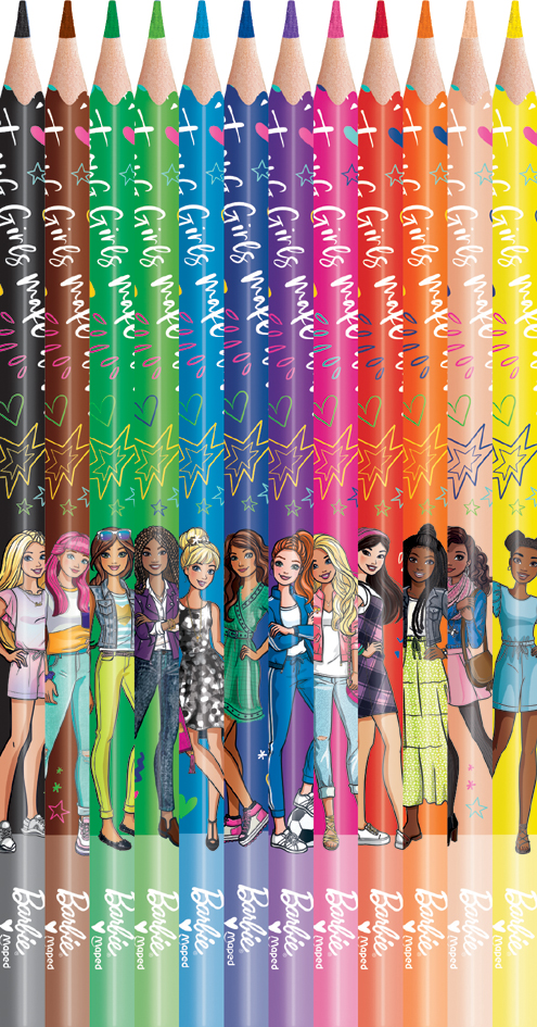 Crayon de couleur triangulaire Barbie, 12 couleurs
