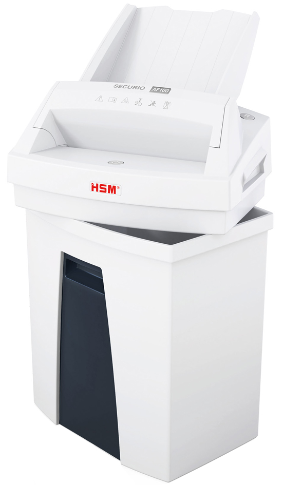 HSM Destructeur de documents Auto-Feed SECURIO AF100 particules 4 x 25 8 feuilles P-4 / T-4 / E-3 / F-1 25 litres blanc fiche Euro