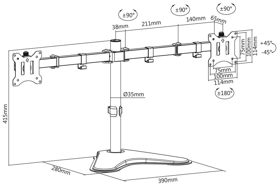 DIGITUS Support double écran universel, noir jusqu'à 32' (81,28 cm) jusqu'à 8 kg noir