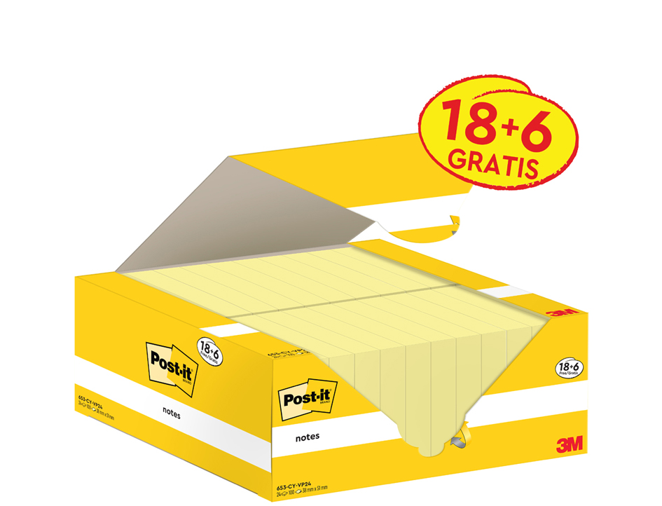 Post-it Bloc-notes adhésif, 51 x 38 mm, jaune, 18+6 gratuits