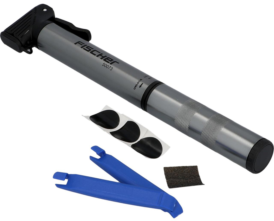 FISCHER Mini pompe à air pour vélo ALU, boîte de rustines