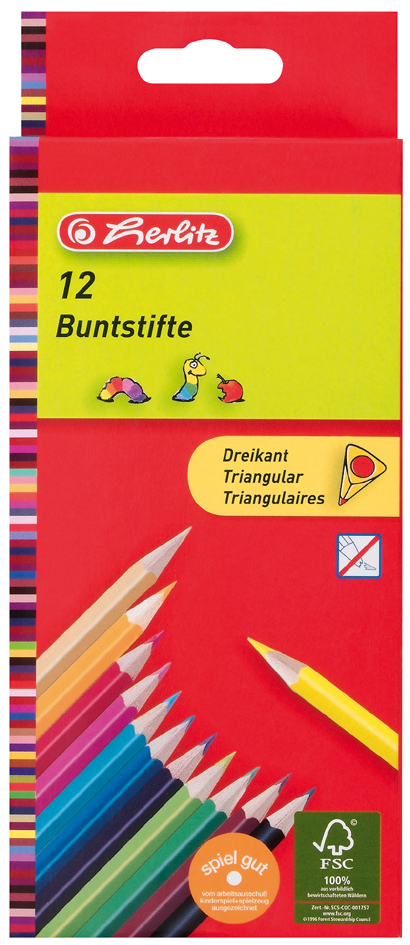 herlitz Crayons de couleur triangulaires, étui carton de 12
