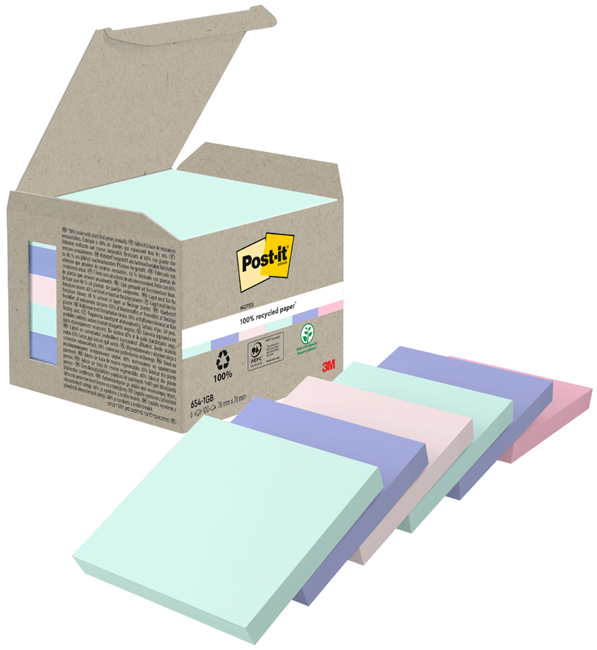 Post-it Bloc-note adhésif Recycling notes, 76x76 mm, assorti