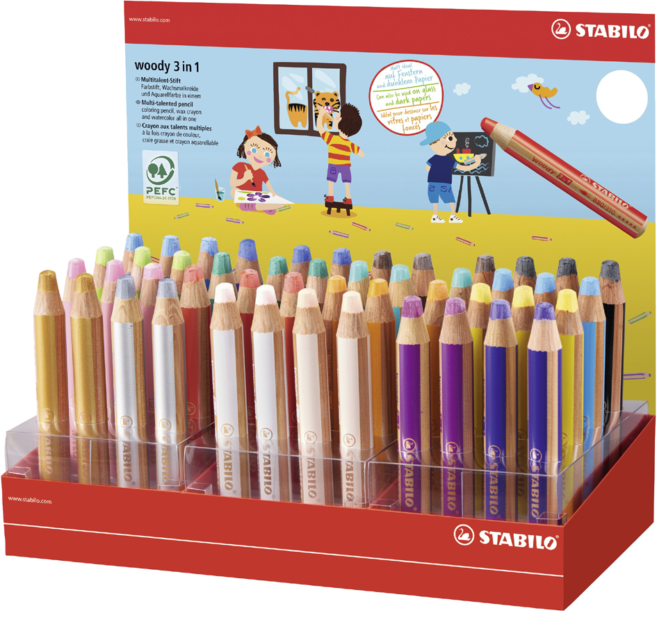STABILO Crayon multi-talents woody 3 en 1, présentoir de 48