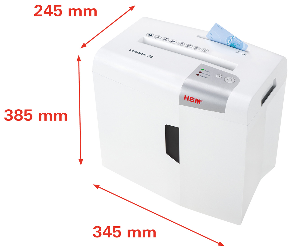 HSM Destructeur de documents shedstar X8, coupe particules: particules 4,5 x 30 8 feuilles P-4/O-1/T-2/E-2/F-1 18 litres blanc / argent fiche Euro