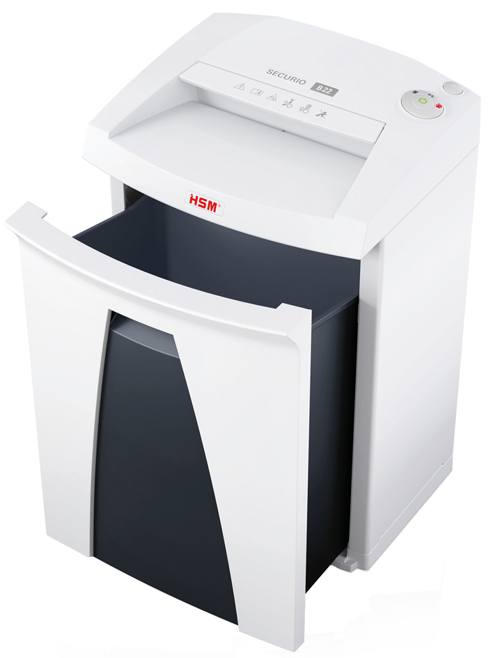 HSM Destructeur de documents SECURIO B22, particules: 3,9x particules 3,9 x 30 9 - 11 feuilles P-4 / T-4 / E-3 / F-1 33 litres blanc fiche Euro