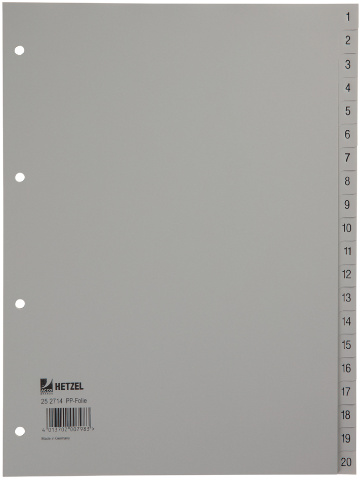 HETZEL Intercalaires en plastique, chiffres, A4, 1-20, PP