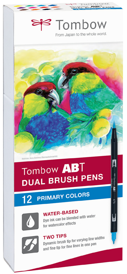 Feutres double pointe "ABT DUAL BRUSH PEN", set de 12, couleurs primaires