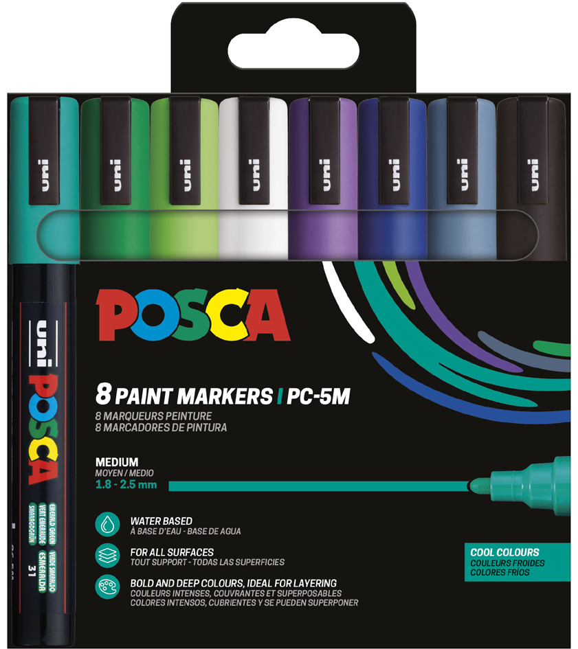 POSCA Marqueur à pigment PC5M, étui de 8, couleurs froides