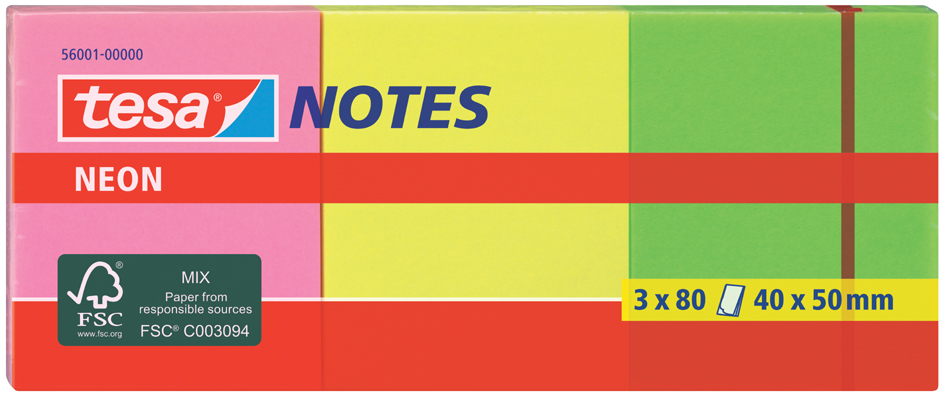 tesa Bloc de notes adhésives couleurs néon, 40 x 50 mm