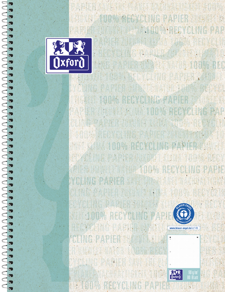Oxford Cahier à spirales 'Recycling', A4+, quadrillé quadrillé / marge à gauche A4+ 90 g/m2 160 pages rouge