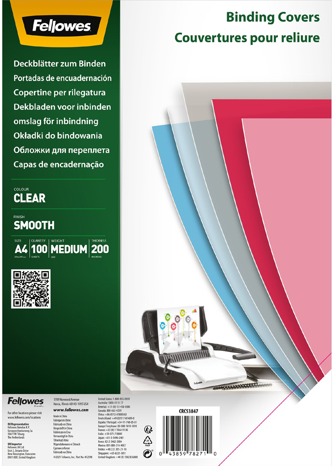Fellowes Couverture, A4, PET, transparent, 0,20 mm