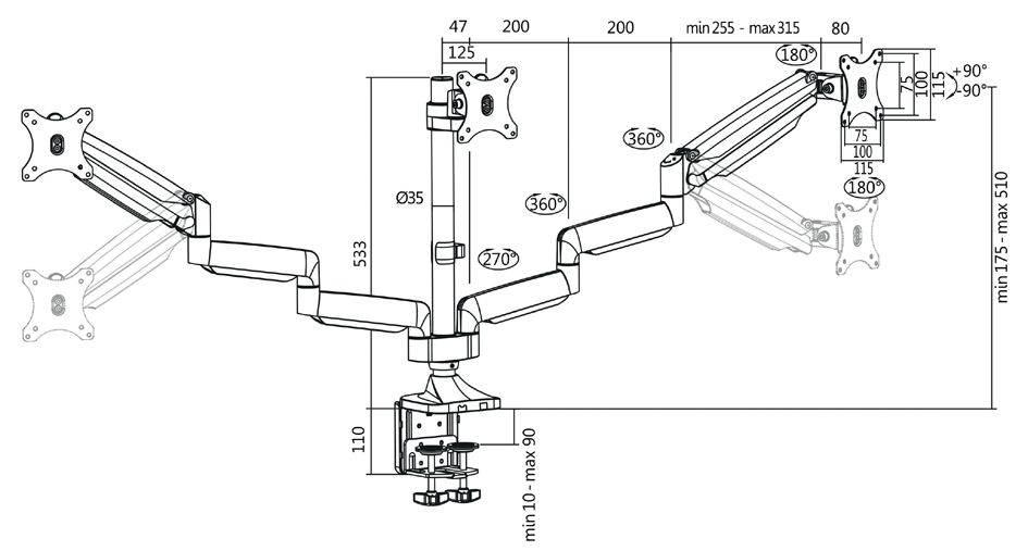 Bas support pour écran TFT/LCD, en aluminium, triple - dimensions