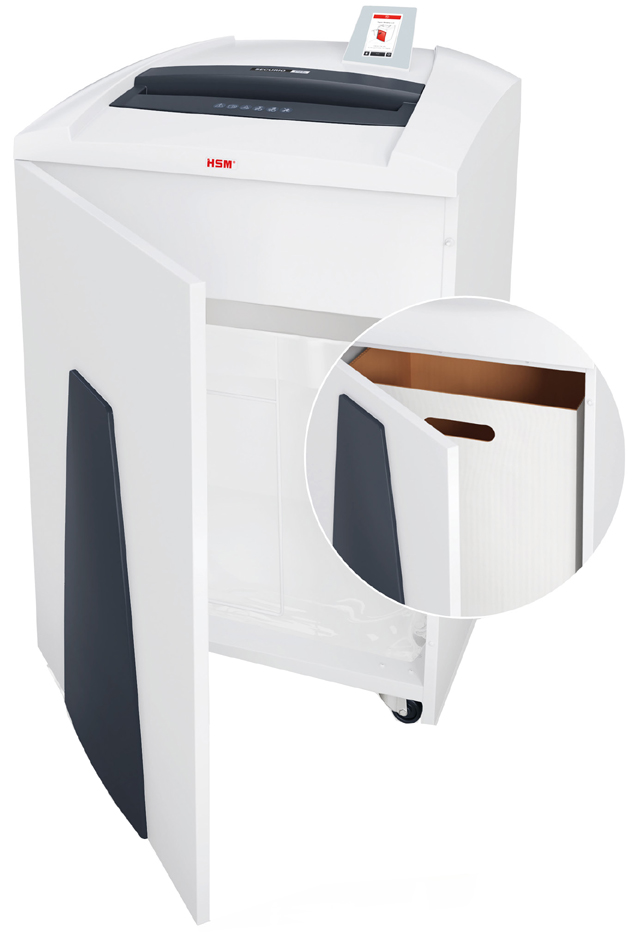 HSM Destructeur de documents P44i, particules: 3,9 x 40 mm particules 3,9 x 40 43 - 45 feuilles P-4/O-3/T-5/E-4/F-1 205 litres blanc prise à contact de sécurité