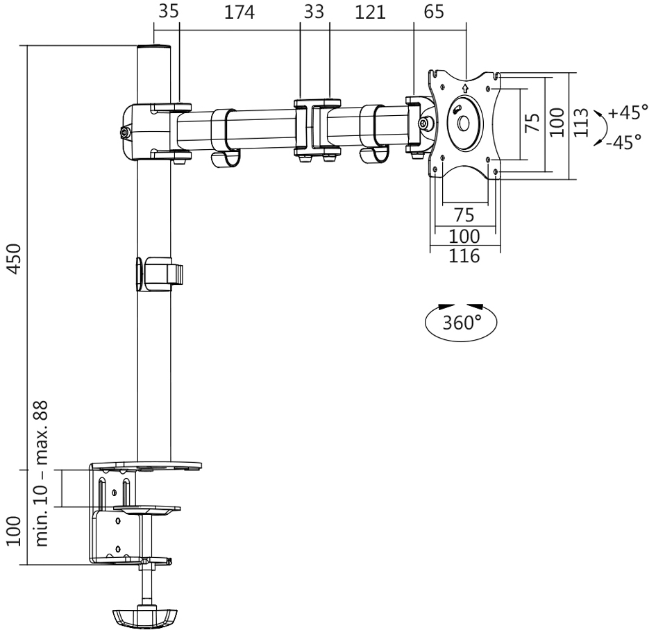 Bras support pour écran TFT / LCD, dimensions