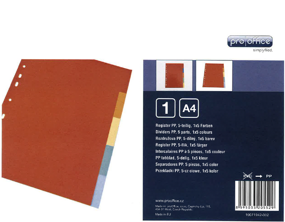 Intercalaires en plastique, A4, 5 touches