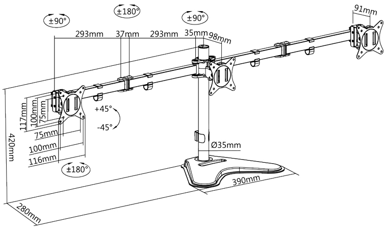 Support triple écran avec socle - dimensions