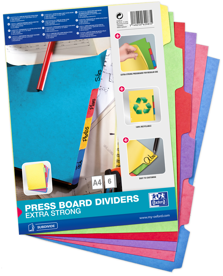 Oxford Intercalaires carton, uni, A4, multicolore, 6 touches