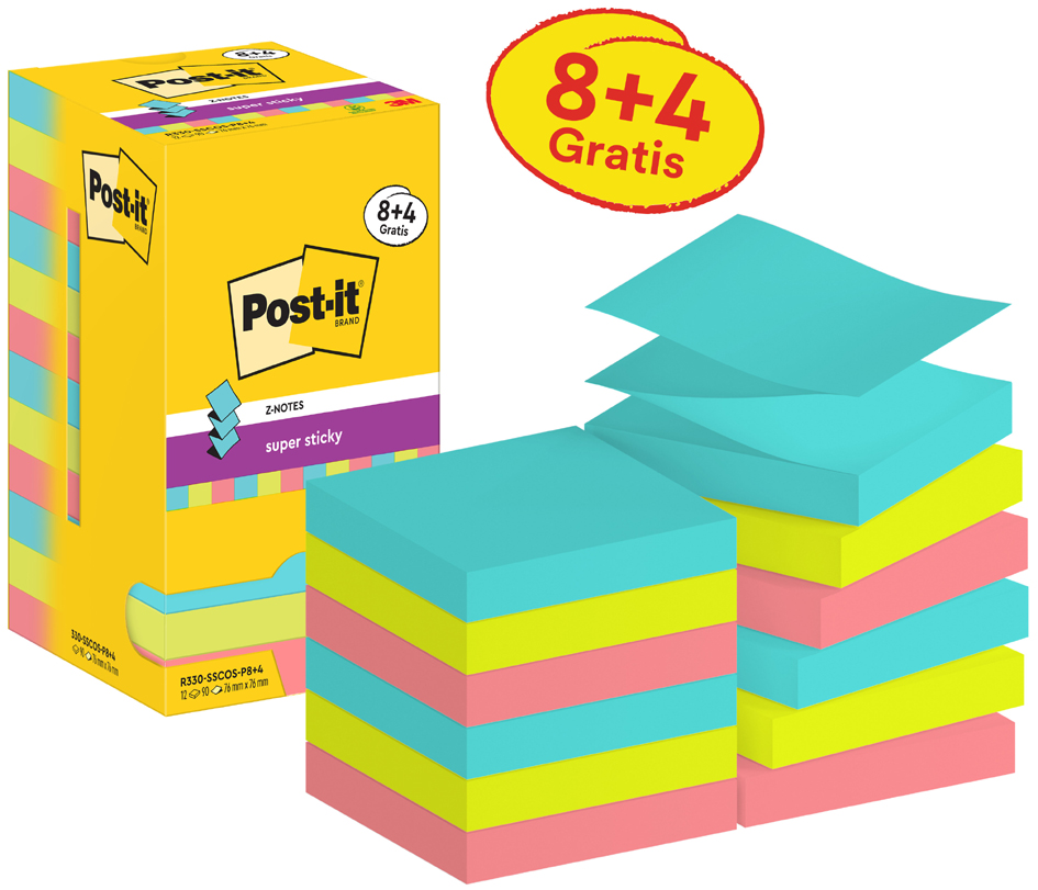 Post-it Bloc-note super sticky z-notes, 76 x 76 mm, 8+4