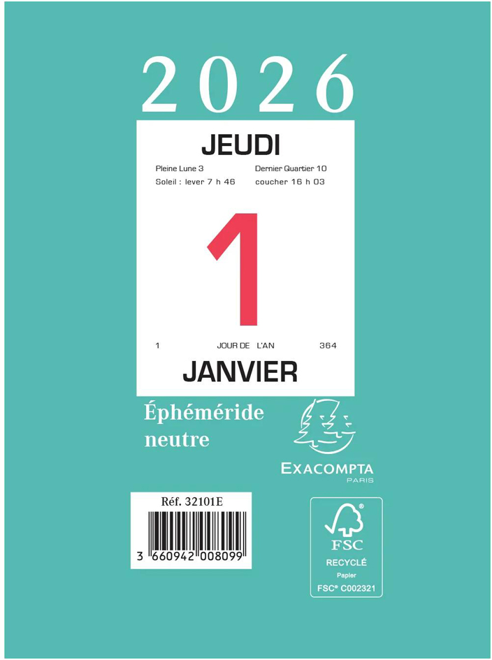 EXACOMPTA Bloc éphéméride mural, 98 x 134 mm, neutre, 2026