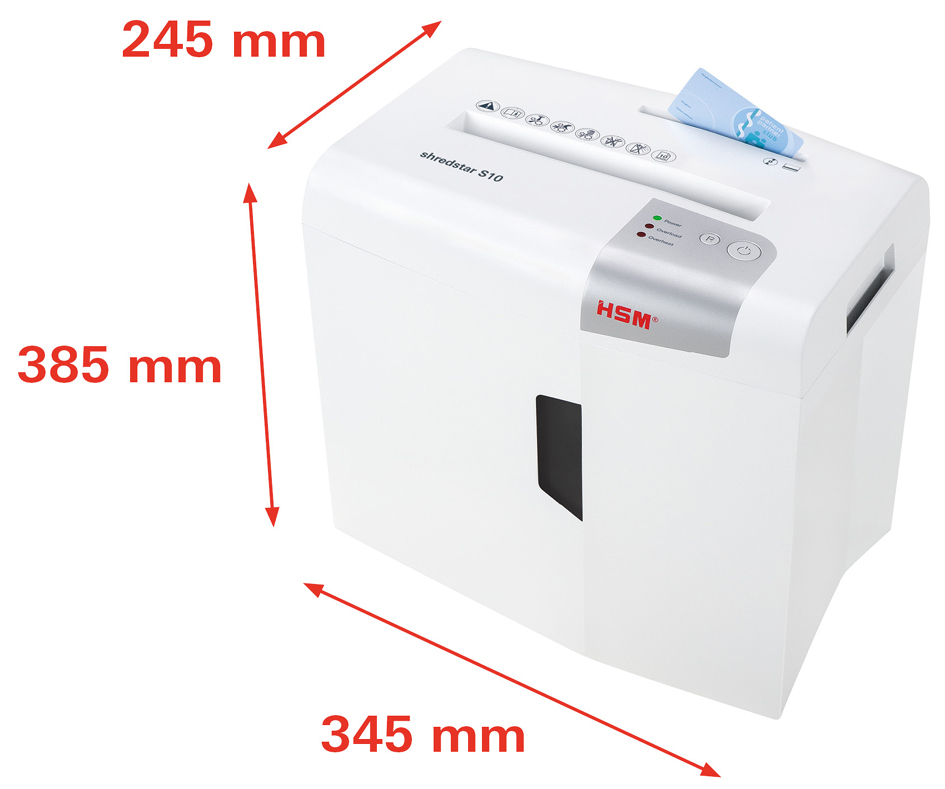 HSM Destructeur de documents shredstar S10, coupe en bandes: bandes 6 10 feuilles P-2/O-1/T-1/E-2 18 litres blanc / argent fiche Euro