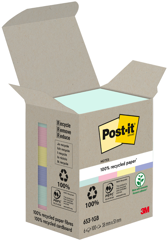 Post-it Bloc-note adhésif Recycling notes, 51x38 mm, assorti