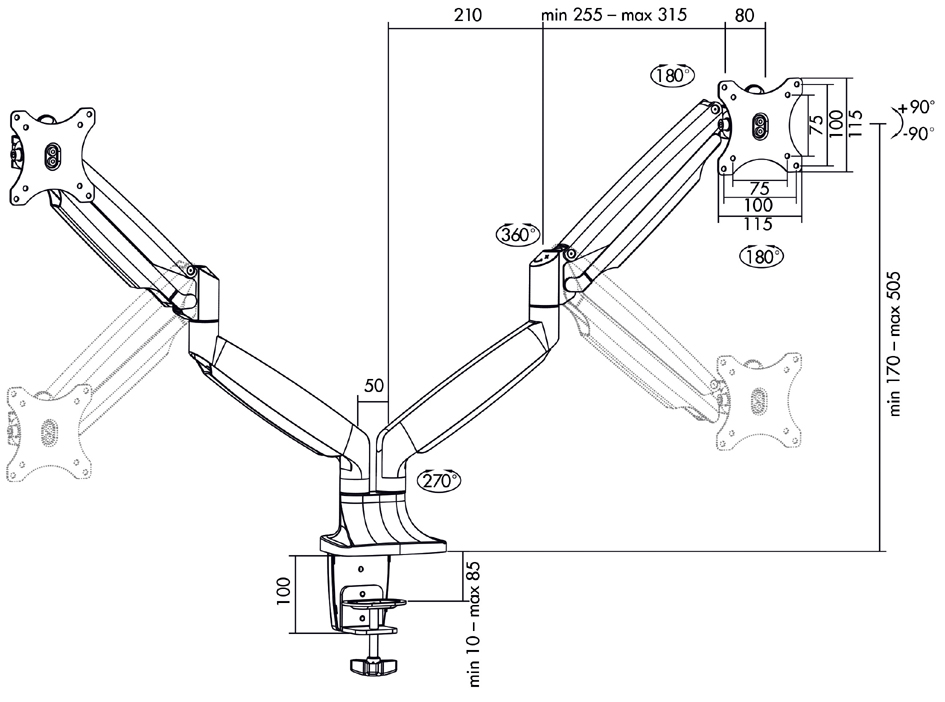 Bras support pour écran, en aluminium, 2 bras - dimensions