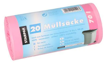 Sac poubelle HDPE, 70 litres, pink
