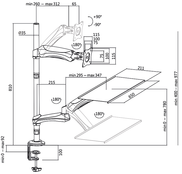 Poste de travail assis-debout, pour 1 moniteur - dimensions