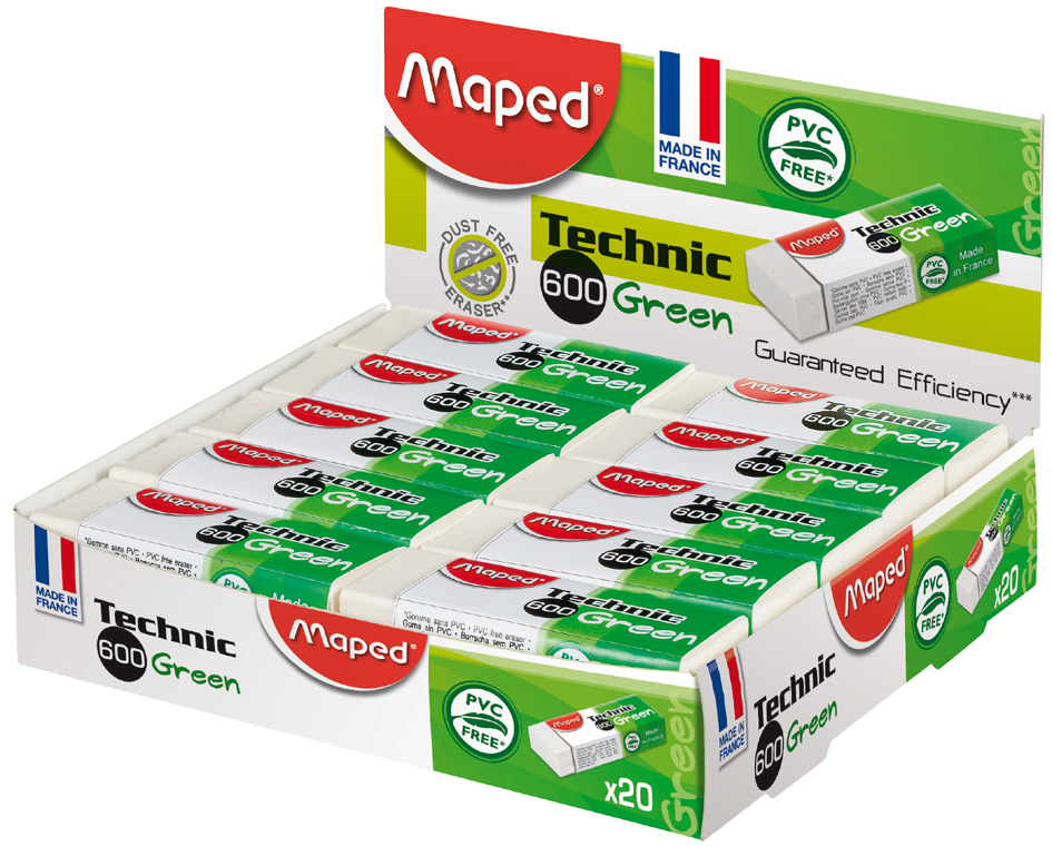 Maped Gomme plastique Technic 600 Green, présentoir de 20